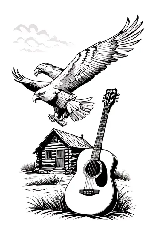 acoustic guitar sitting beside a log cabin and a bald eagle flying  tattoo design idea