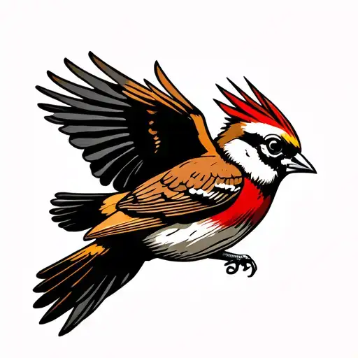 American traditional sparrow in flight tattoo design but the bird is dead and has skeleton showing  tattoo design idea