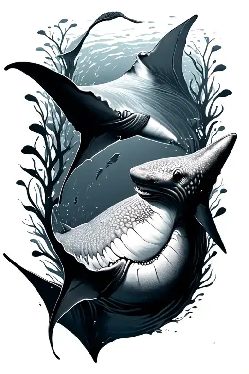 whale shark and manta ray gracefully swimming tattoo design idea