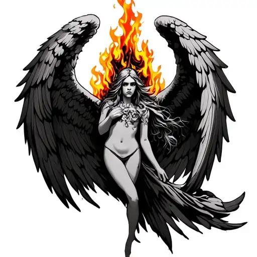 seraphim angel with burning flames, 3 pair of wings, multiple eyes, back tattoo tattoo design idea