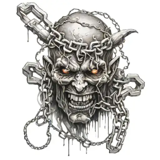 cross and chains fading into a demon face   tattoo design idea