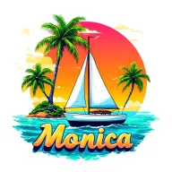 "Monica" "Monica" foreground white sailboat, sunrise sky small background island with palm tree.  ocean vibrant colors, bubble letters tattoo design idea