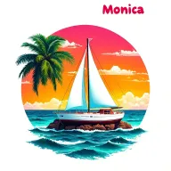 "Monica" "Monica" foreground white sailboat, sunrise sky small background island with palm tree.  ocean vibrant colors, bubble letters tattoo design idea