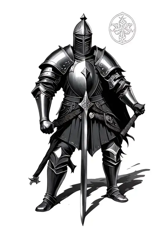 highly detailed depiction of a medieval knight, possibly referencing historical or fantasy themes. The knight is in full tattoo design idea