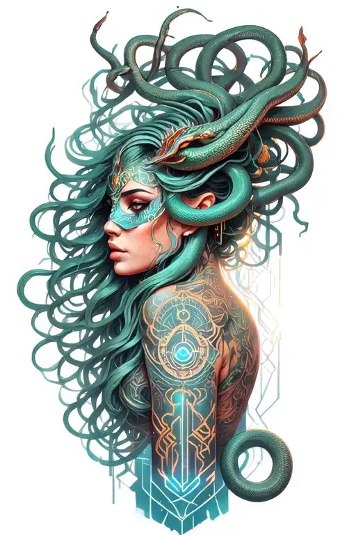 medusa goddess with oni mask, snakes hair tattoo design idea