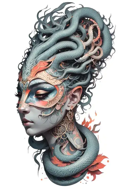 Black and Grey medusa goddess with oni mask, snakes hair tattoo design idea