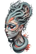 Black and Grey medusa goddess with oni mask, snakes hair tattoo design idea