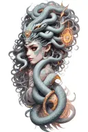 Black and Grey medusa goddess with oni mask, snakes hair tattoo design idea