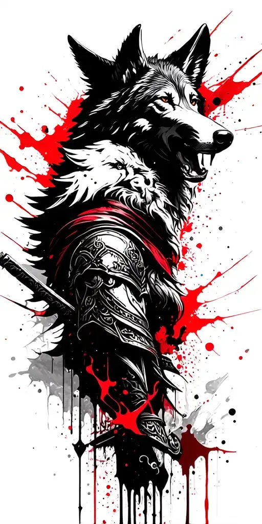 angel warrior and wolf howling tattoo design idea