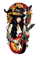 A leftist punk rock female guitarist with black long hair a tattoo of their niece and dog on their arm tattoo design idea