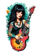 A leftist punk rock female guitarist with black long hair a tattoo of their niece and dog on their arm tattoo design idea