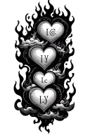 I.c.y initials inside 3 hearts clouds and fire in the back ground  tattoo design idea