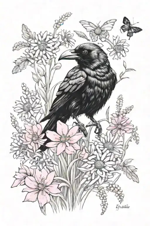 Crow, flower meadow with pink accents, bees tattoo design idea