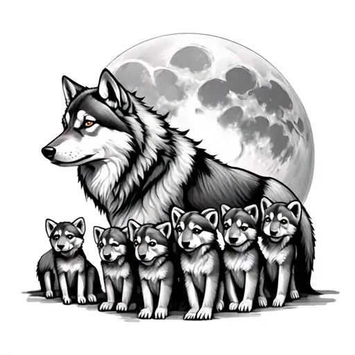 mother wolf surrounded by 5 cubs with the full moon in the back tattoo design idea