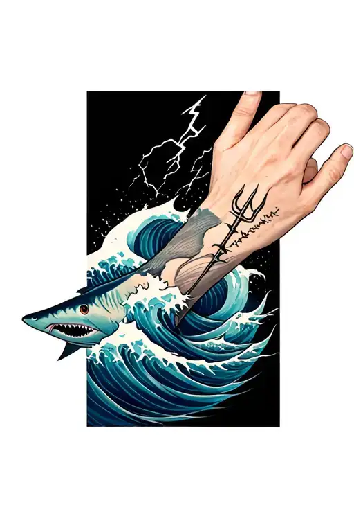 forearm sleeve tattoo featuring ocean/waves, sharks, trident and lightning tattoo design idea