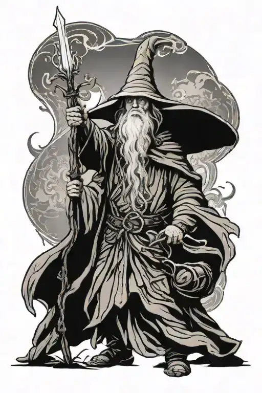 gandalf the grey walking leading the fellowship with his staff emitting light tattoo design idea