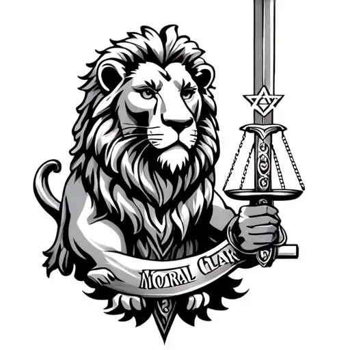 a lion of zion holding a king solomon sword with star of david in hilt in one hand and a scale with the words moral clar tattoo design idea