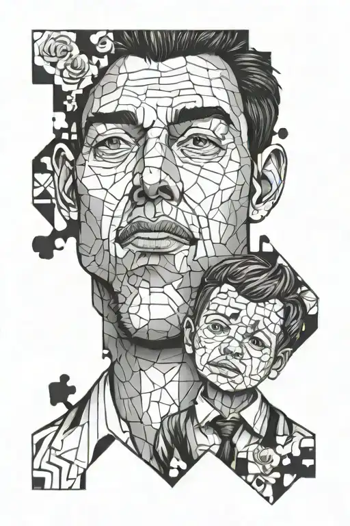2 puzzle pieces each individual peice is a face of a dad and son tattoo design idea
