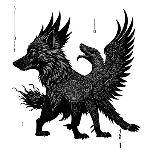 A cosmic wolf and rising phoenix guard the binary-coded lifelines — 11111010000-1-101, 11110110100-1001-1011, 1111011001 tattoo design idea