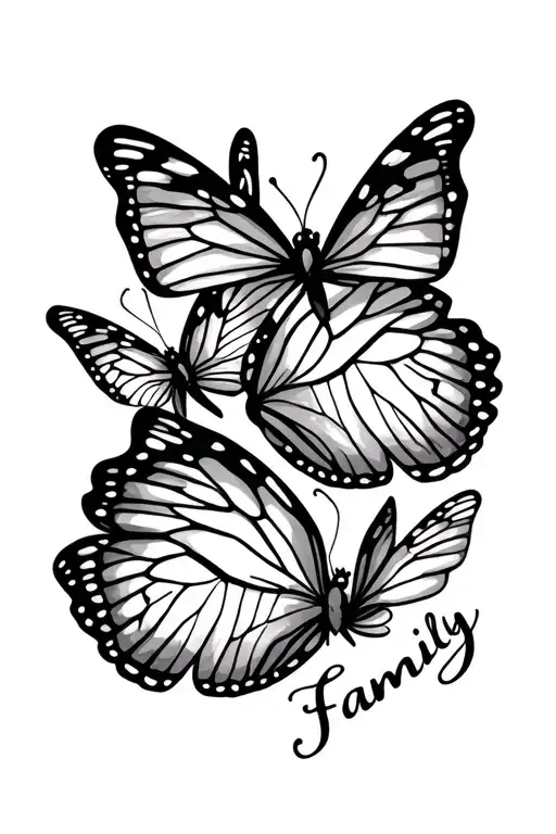 2 fingerprint butterflies with the word family wrapped around in cursive  tattoo design idea