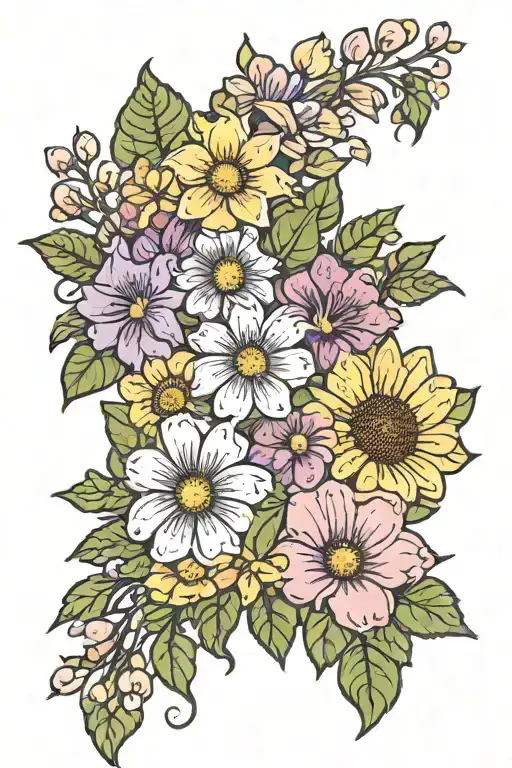 aster, morning glory, daisy, sweet pea, narcissus, holly, sunflower, plumeria and violet and primrose tattoo design idea