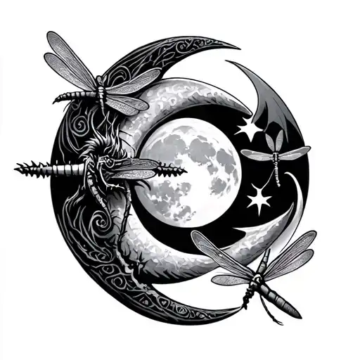 Viking markings with the full moon and dragonflies tattoo design idea