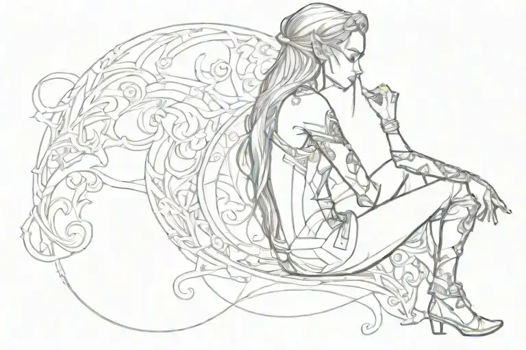 Elf girl body sits with her back turned tattoo design idea