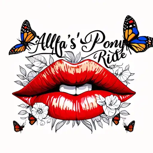 "Alfa's Pony Ride"  red lips kiss in the background as well as Small monarch butterflies.  A small Philippine flag is near the text tattoo design idea