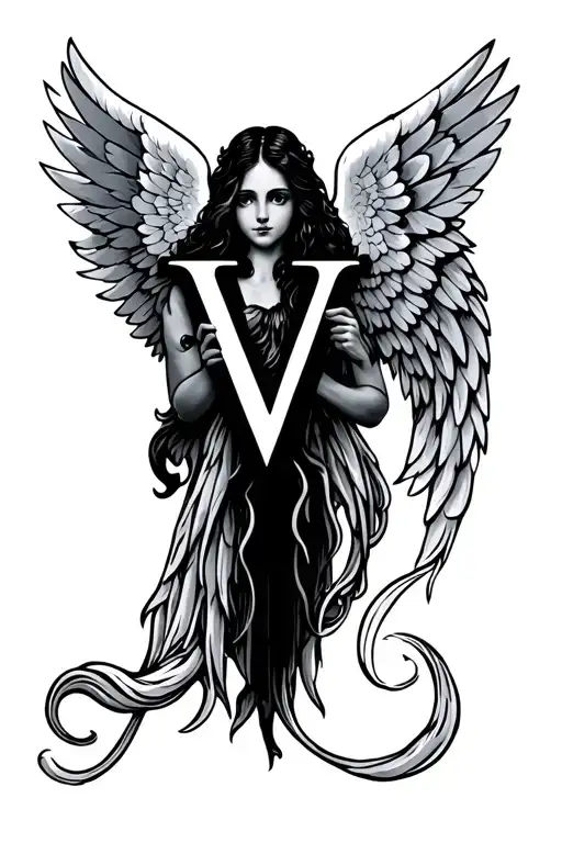 letter V and angels wings holding tattoo design idea