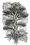 tree of life with roots intertwined, representing loyalty, and surrounded by clouds tattoo design idea