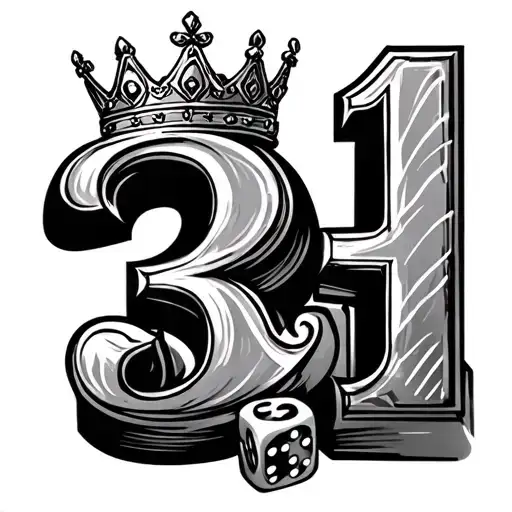 3 with a crown on top and some dice set at a 2 and a 1  tattoo design idea