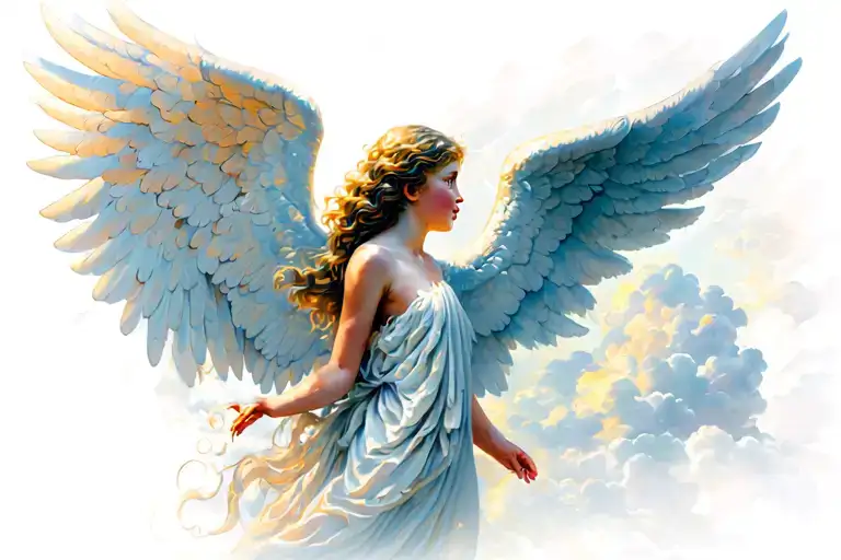 Angel in profile with one wing, clouds and light tattoo design idea