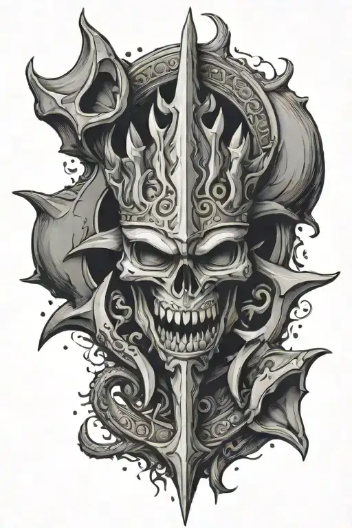 trident with crown made of shark teeth tattoo design idea