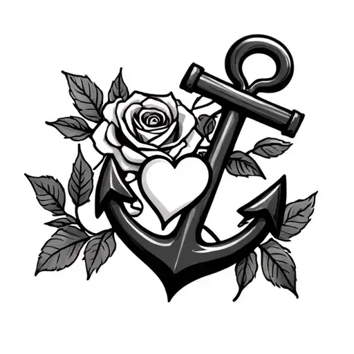 anchor with small heart at the cross of the anchor with a heart and rose with leaves behind it tattoo design idea