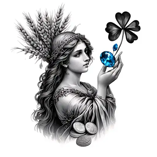 Detailed / Artistic → Virgo maiden holding sapphire and clover, with coins/wheat for prosperity tattoo design idea