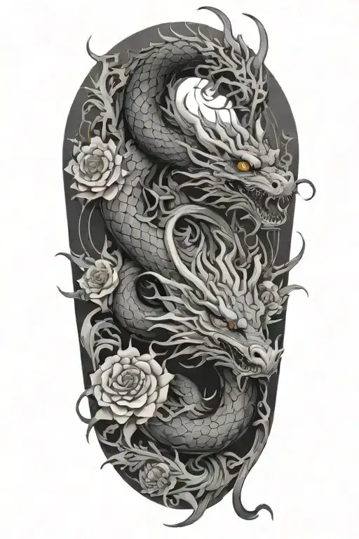 dragon ascends fractal flower path to fight with false idol tattoo design idea