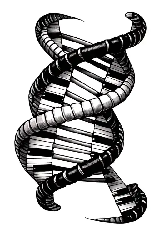 A tattoo design of a double helix DNA strand. one strand is made of piano keys and other is made of guitar strings. tattoo design idea