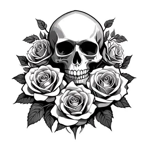 Art Deco skull and roses entwined tattoo design idea
