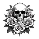 Art Deco skull and roses entwined tattoo design idea