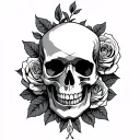 Art Deco skull and roses entwined tattoo design idea