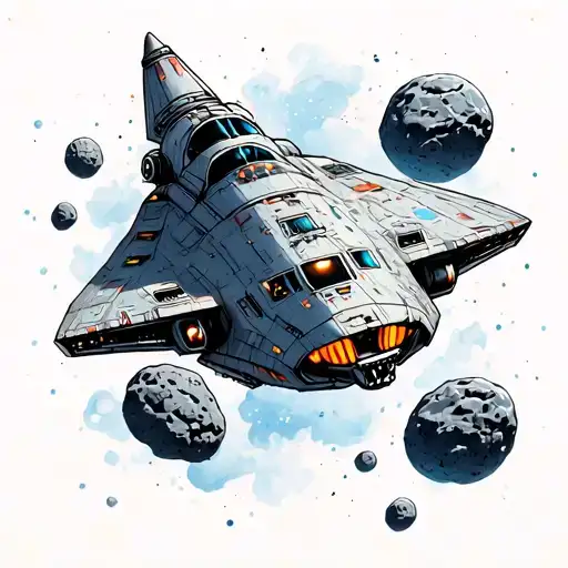 spaceship and asteroids tattoo design idea