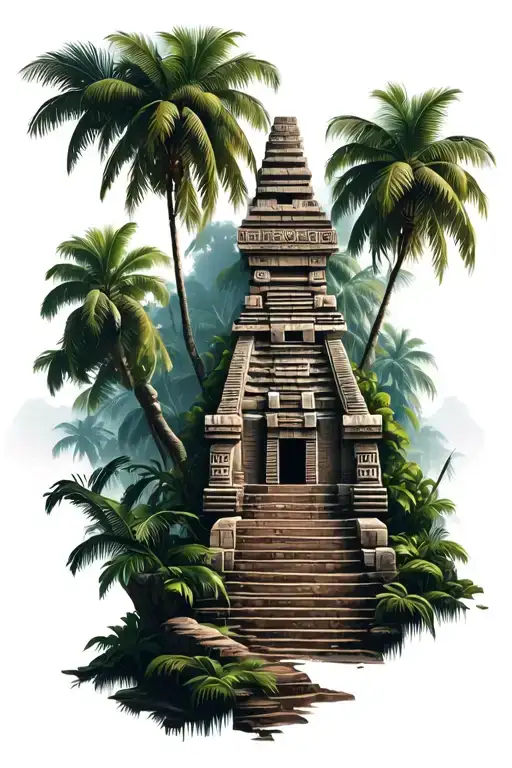 Aztec jungle temple surrounded by jungle trees tattoo design idea