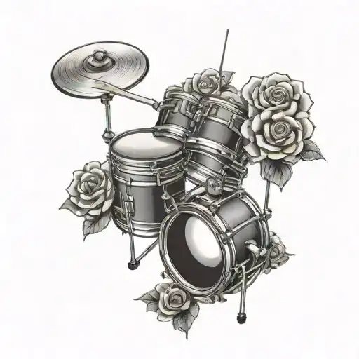 drumset with roses around it, and boombox behind it  tattoo design idea