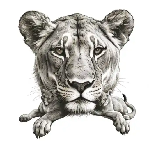 lioness with 3 cubs playing tattoo design idea