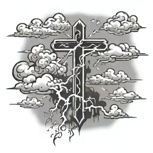 cross with clouds and thunder storm tattoo design idea