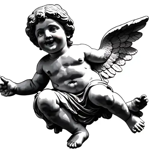 A large, intricately detailed Greek statue of a smiling cherub, with delicate wings outstretched and a joyful expression tattoo design idea