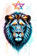 lion's face combined with a cyberpunk Matrix-inspired aesthetic and star of David on background. tattoo design idea