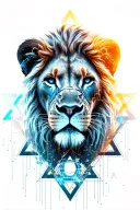 lion's face combined with a cyberpunk Matrix-inspired aesthetic and star of David on background. tattoo design idea