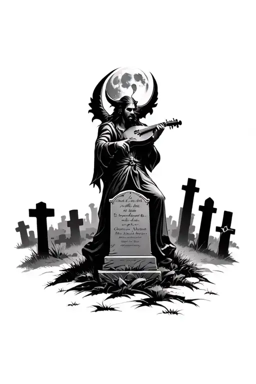 Lucifer playing a fiddle over a grave stone in a old cemetery with a fool moon in the back  tattoo design idea