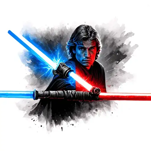 Anakin Skywalker's lightsaber changing from blue to red with a background of both jedi and sith  tattoo design idea